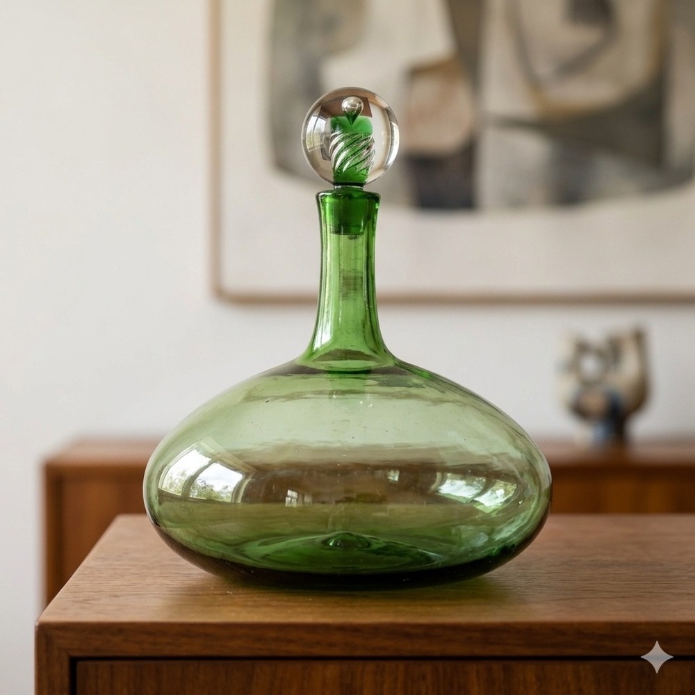 Blenko‎ 6716 Joel Myers Olive Green Decanter Air Twist Stopper MCM